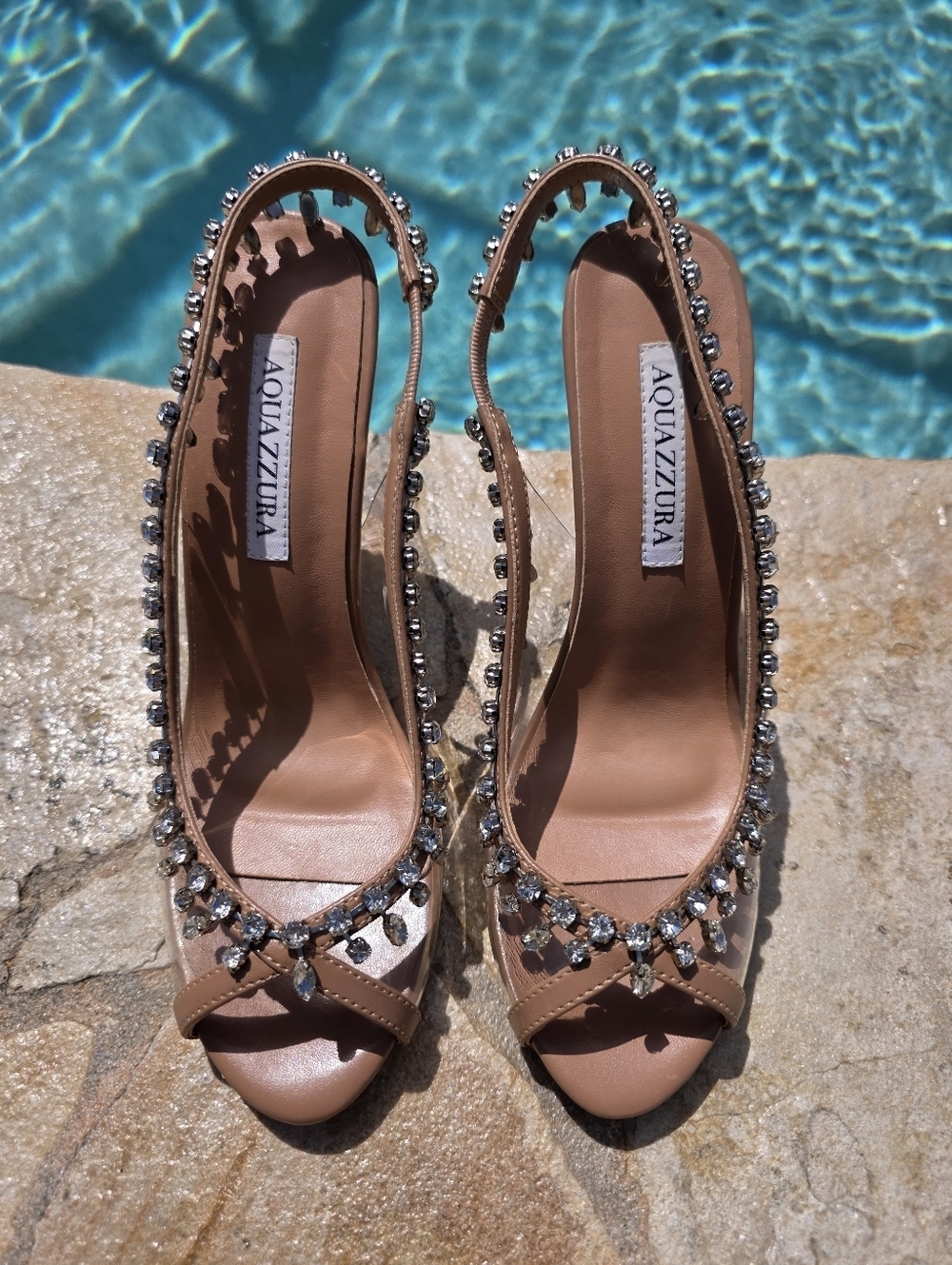 Aquazzura Temptation Crystal Sandals Nude EU 38 US 7.5-8  Italy Bridal Prom - Picture 3 of 15